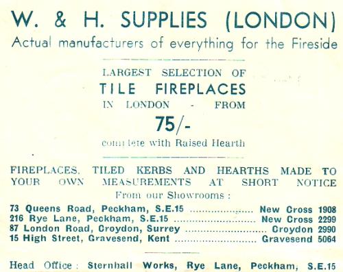Advertisement headed “W&nbsp;&&nbsp;H&nbsp;Supplies” and including addresses in Peckham, Croydon, and Gravesend.