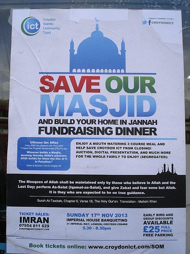 A poster headed “Save Our Masjid”, with the Croydon Islamic Community Trust logo in the upper left corner.